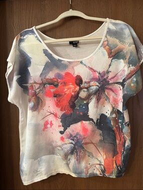 a.n.a Watercolor Floral Short Sleeve Top in White, Pink, Blue, Coral